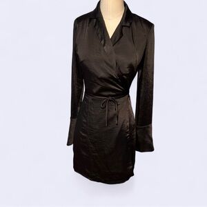 Lioness Black Satin wrap dress tie front bell sleeve button cuff upscale vibe